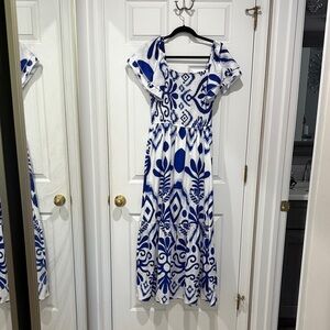 Elegant Blue and White Off-Shoulder Dress
